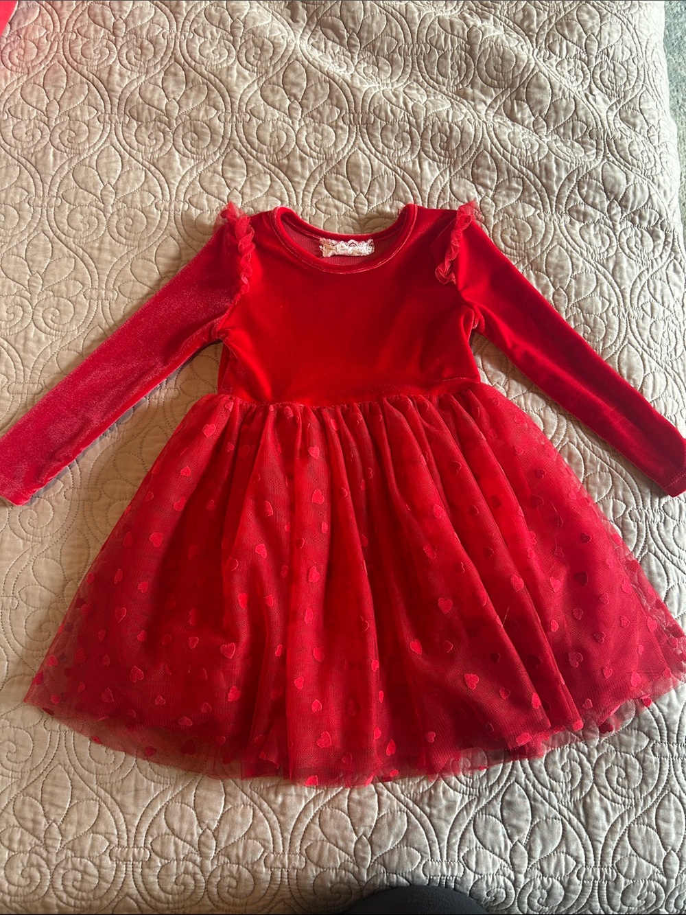 btween Red Velvet Bodice & Heart-Print Tulle Dress